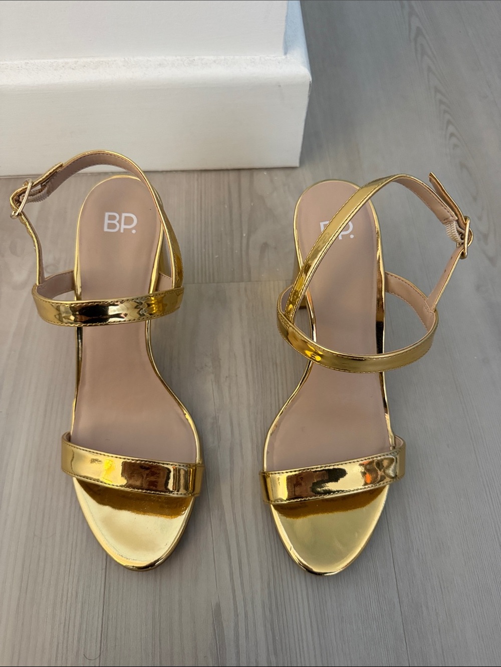 bp Shiny Gold Strappy Block Heel Sandals